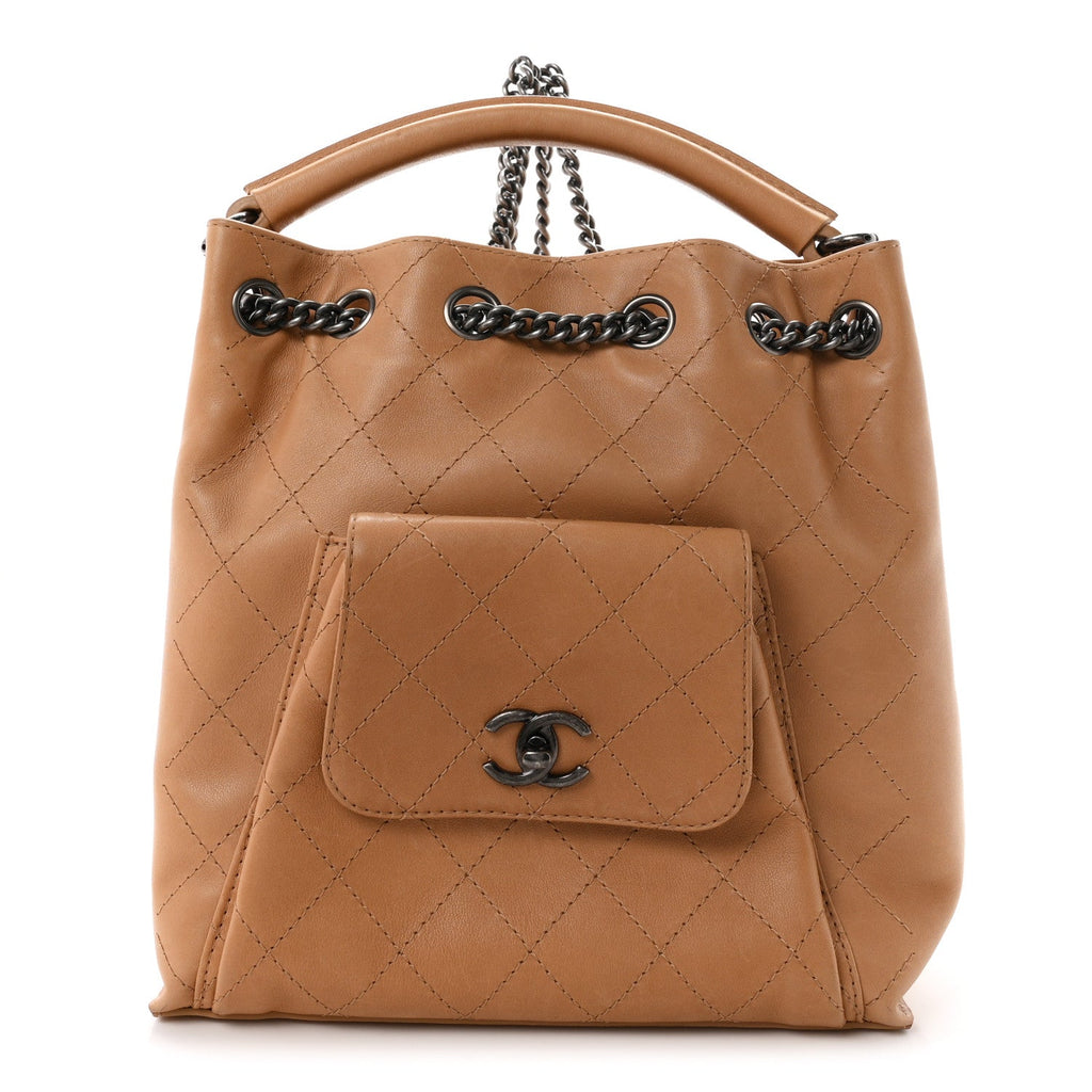 Calfskin Stitched Medium Urban Luxury Drawstring Backpack Beige