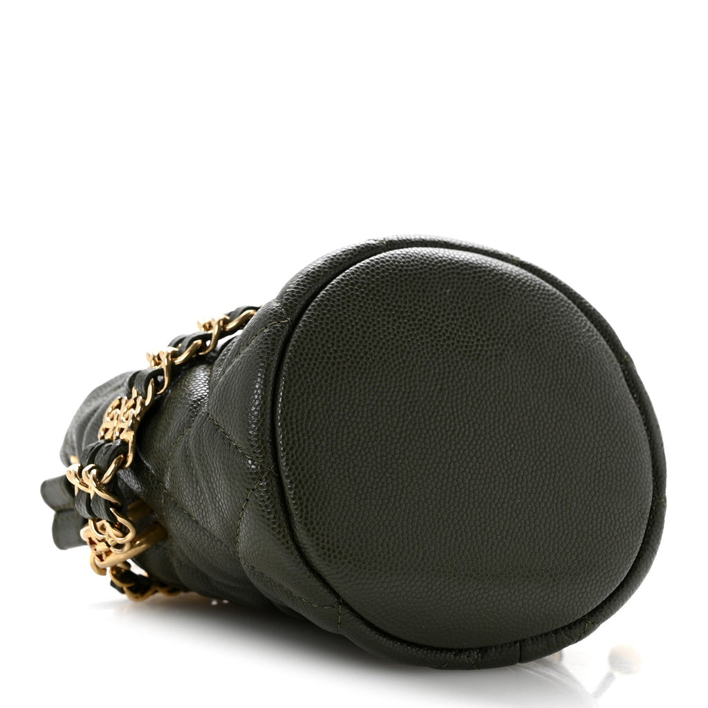 Caviar Quilted Coco First Bucket Clutch With Chain Khaki
