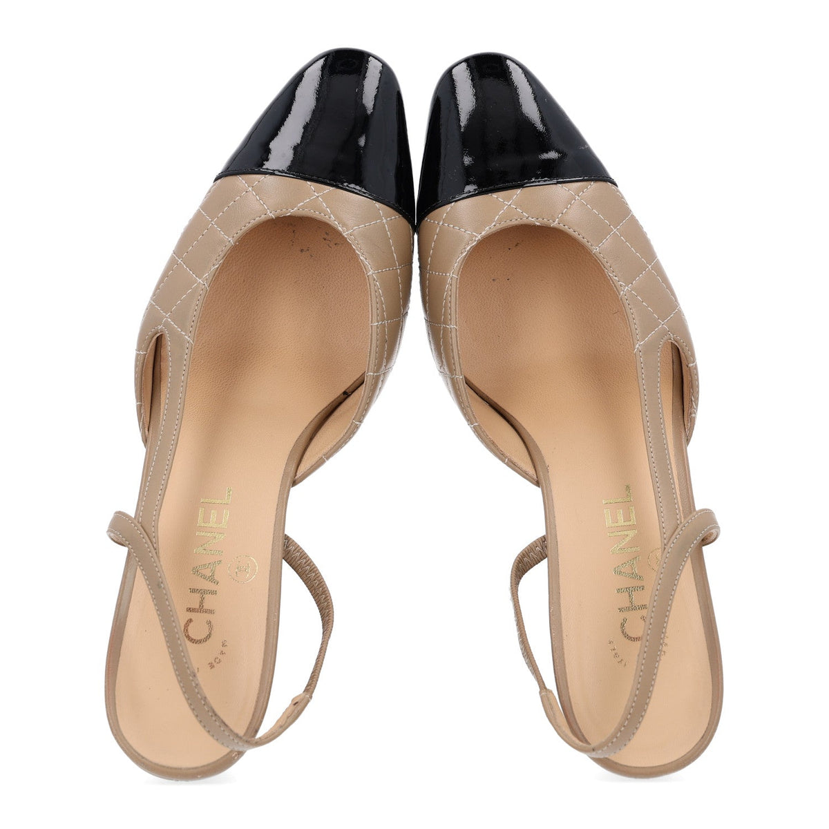 Lambskin Patent Calfskin Quilted Cap Toe CC Slingback Pumps 38.5 Beige Black