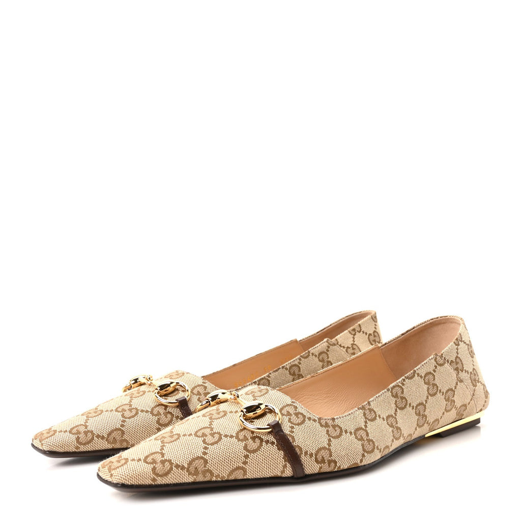 GG Monogram Horsebit Bow Ballet Flats 38 Beige Ebony Sundial