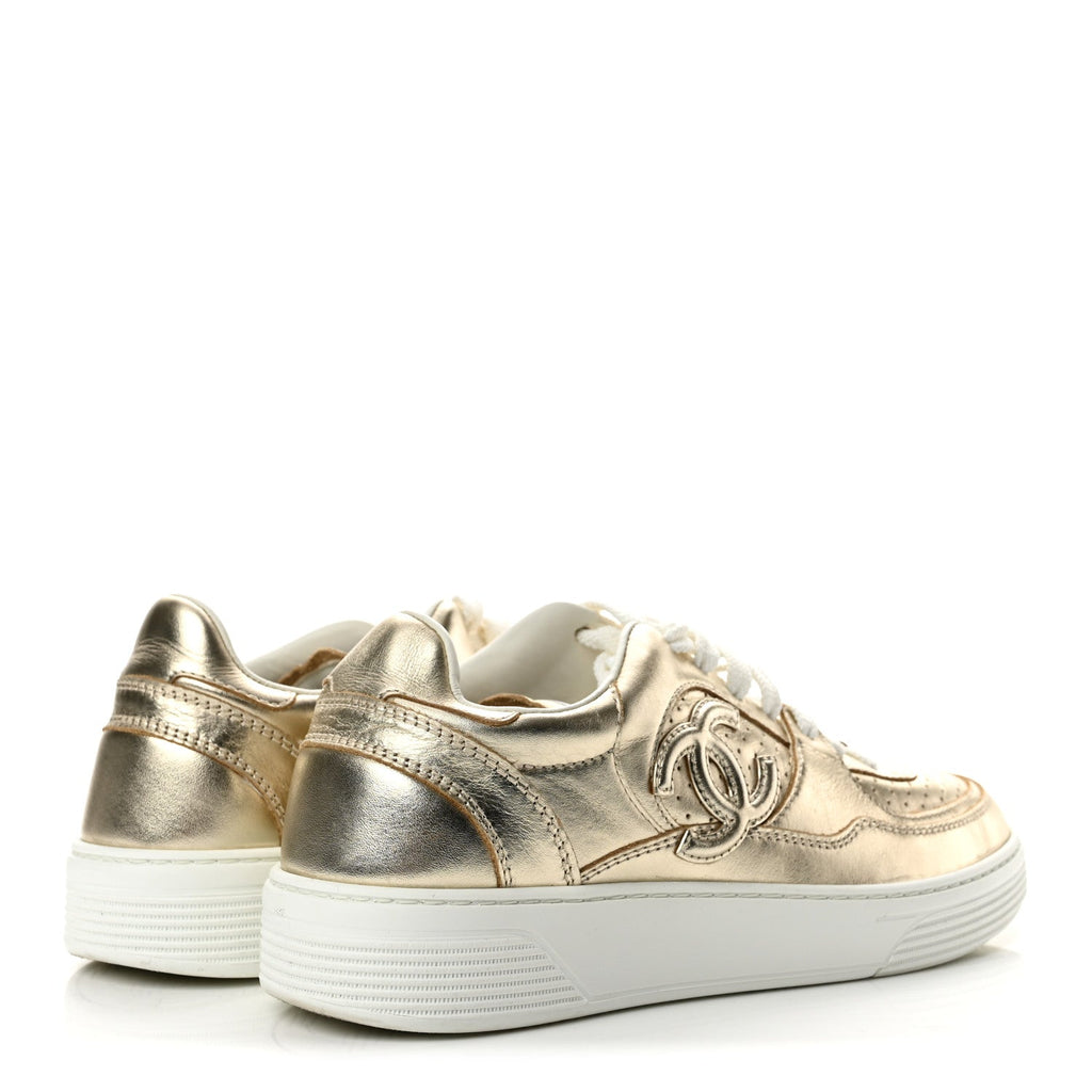 Laminated Calfskin CC Womens Sneakers 38 Golden