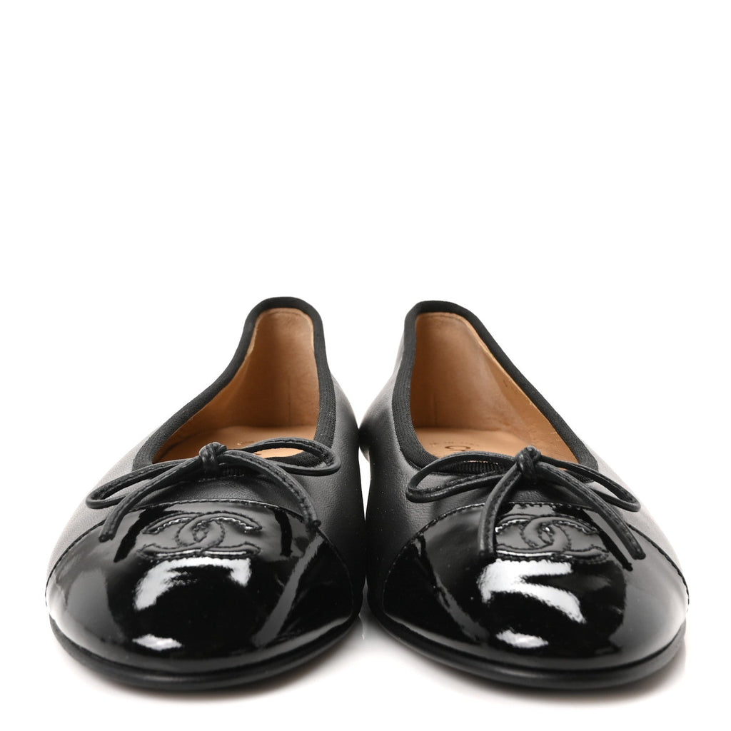 Lambskin Patent Cap Toe Ballerina Flats 39.5 Black