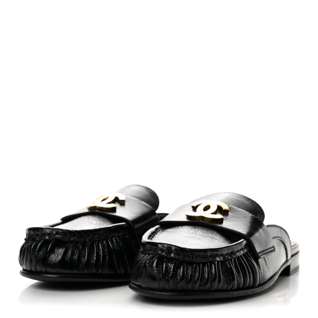 Shiny Crumpled Lambskin CC Mules 36 Black
