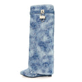 Washed Denim Floral Embroidered Shark Lock Pant Boots 40 Medium Blue