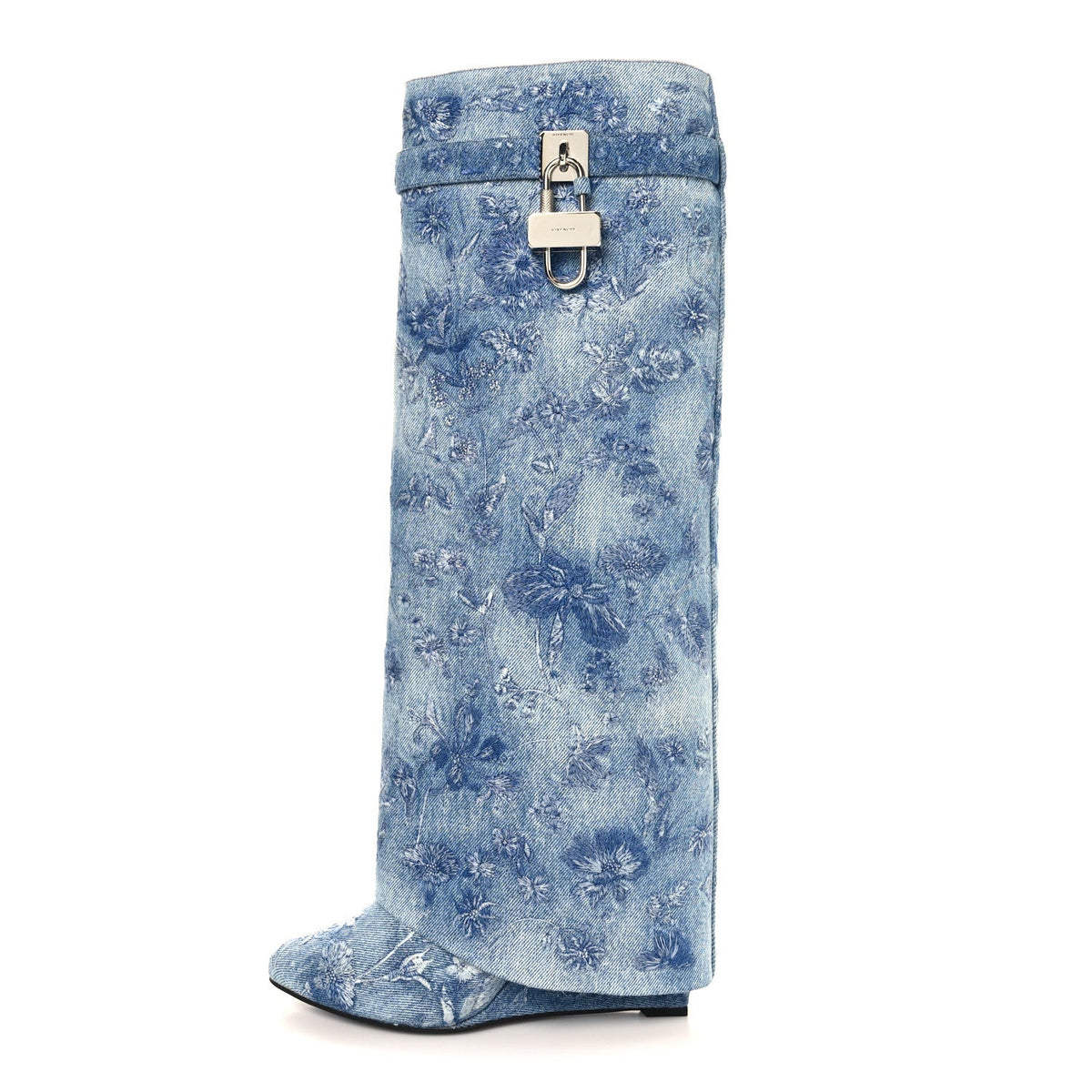 Washed Denim Floral Embroidered Shark Lock Pant Boots 40 Medium Blue