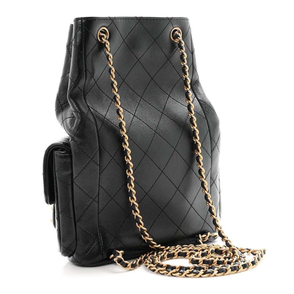 Shiny Lambskin Quilted Double Pocket Backpack Black