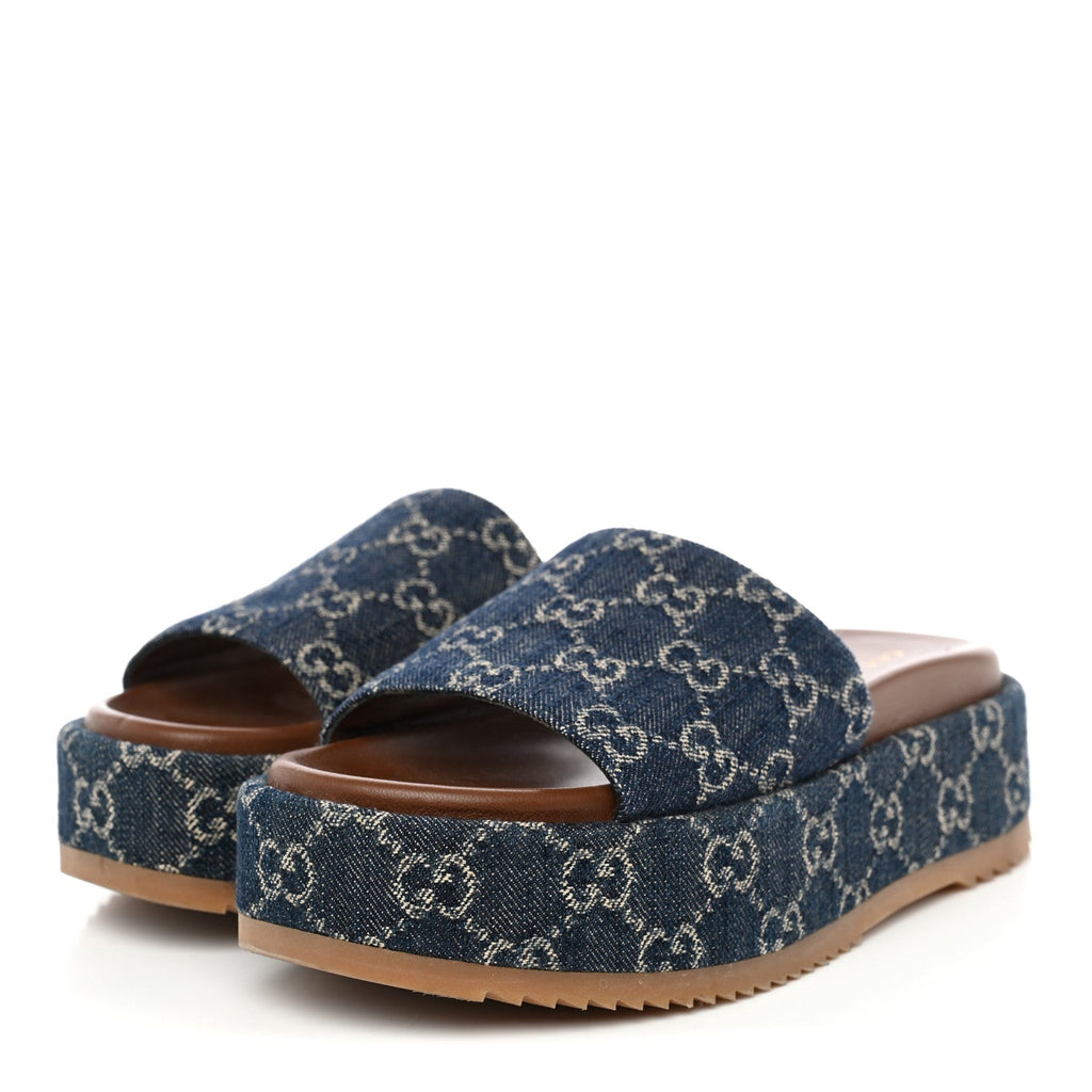 New Denim GG Monogram Angelina Platform 55mm Slide Sandals 36.5 Blue Tea