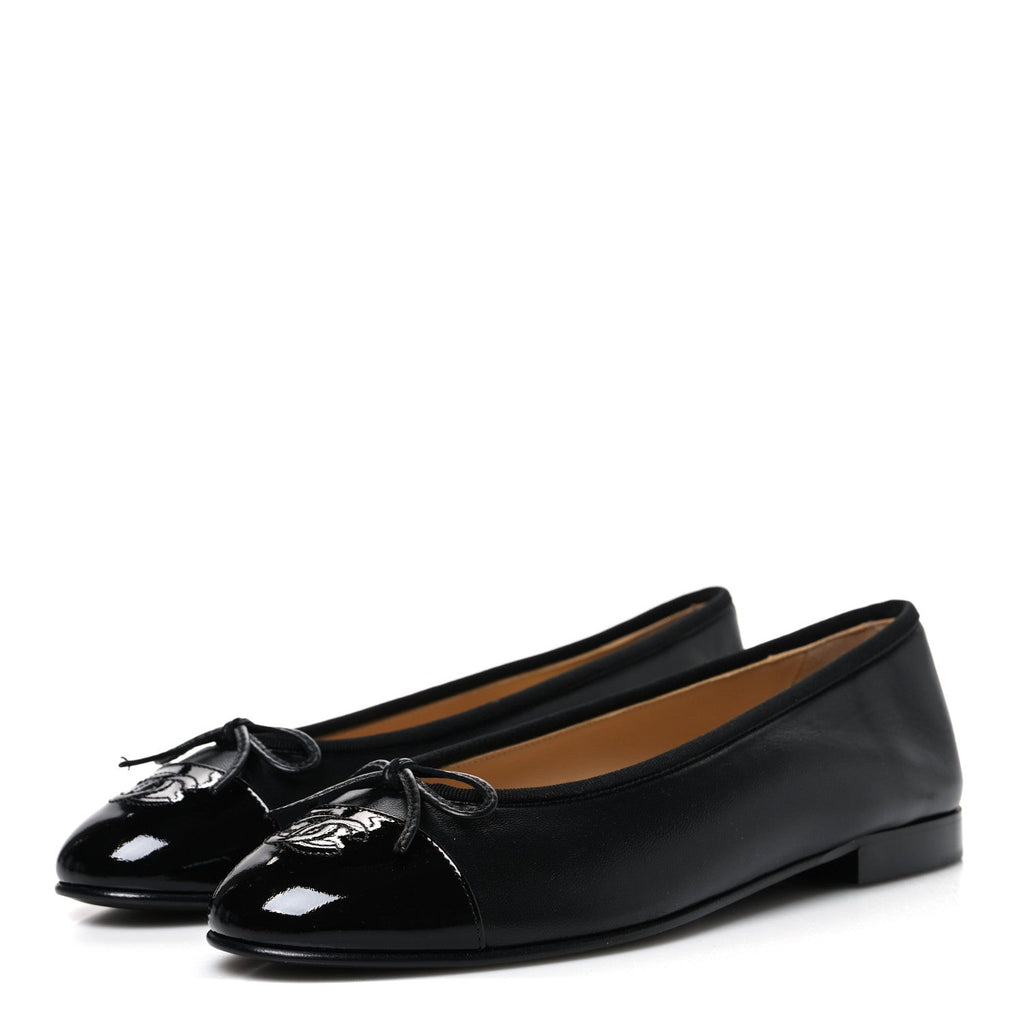 Lambskin Patent Cap Toe Ballerina Flats 39.5 Black