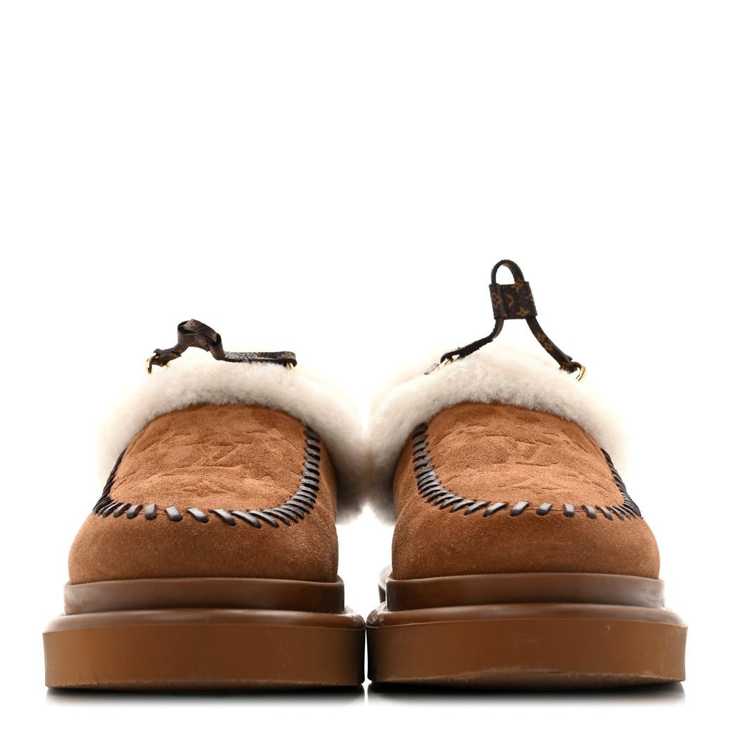 Suede Calfskin Shearling Monogram Debossed Cortina Closed Mule 39 Light Beige