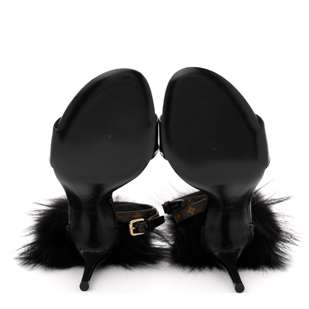 Monogram Patent Fur Sandals 38 Black