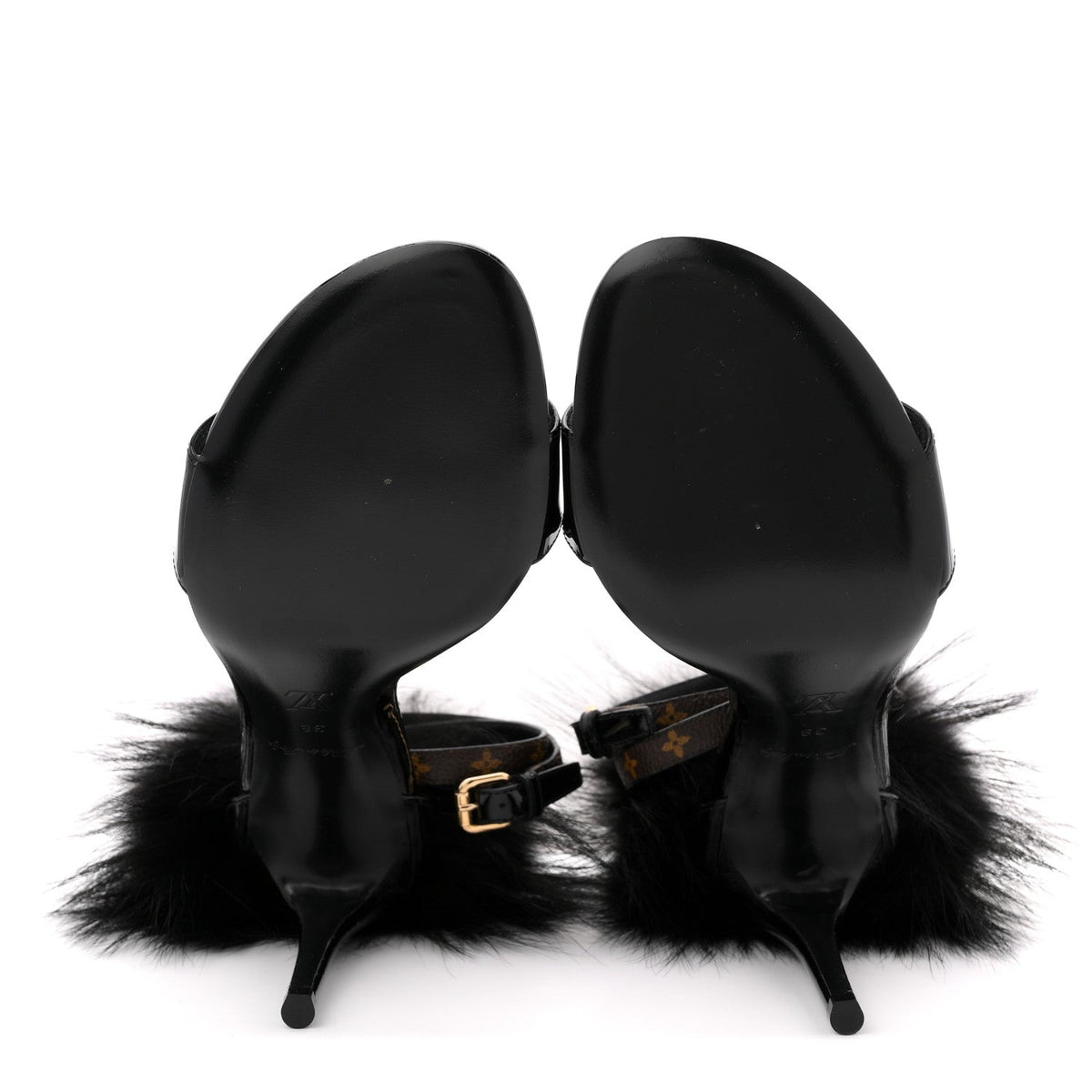 Monogram Patent Fur Sandals 38 Black