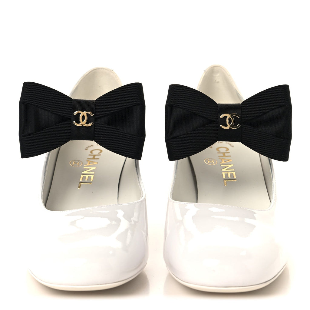 Patent Calfskin Grosgrain Bow Mary Jane Pumps 38.5 White Black