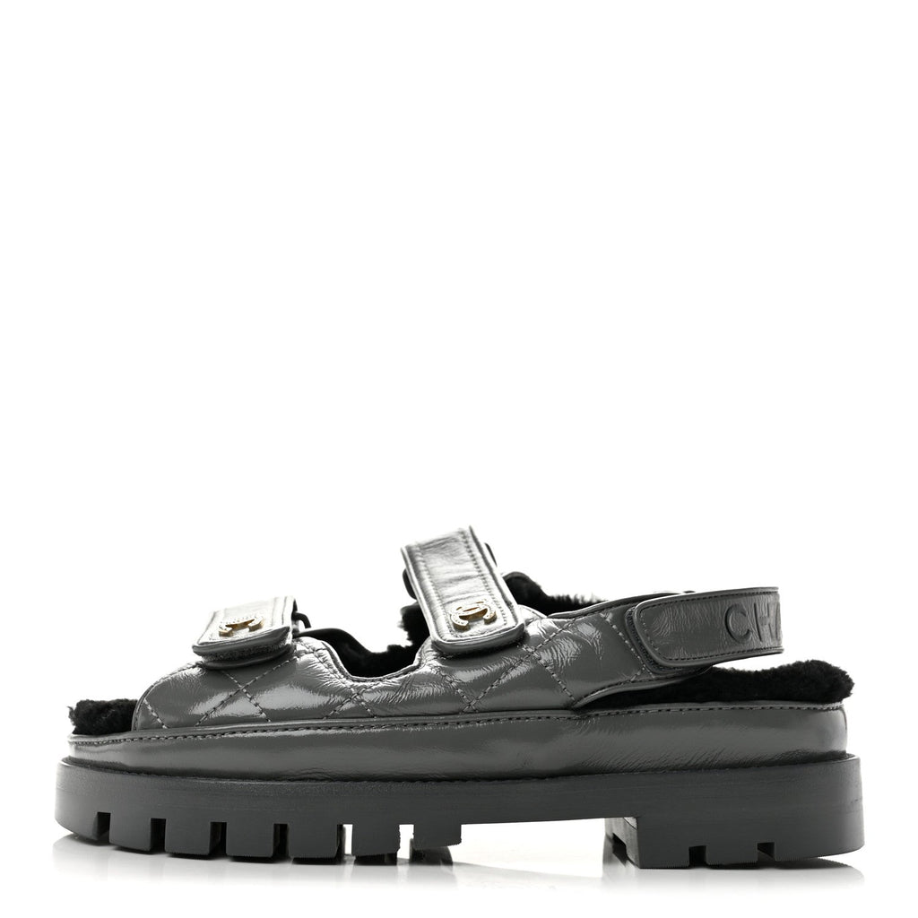 Laminated Lambskin Shearling Crystal CC Velcro Dad Platform Sandals 36 Dark Grey Black