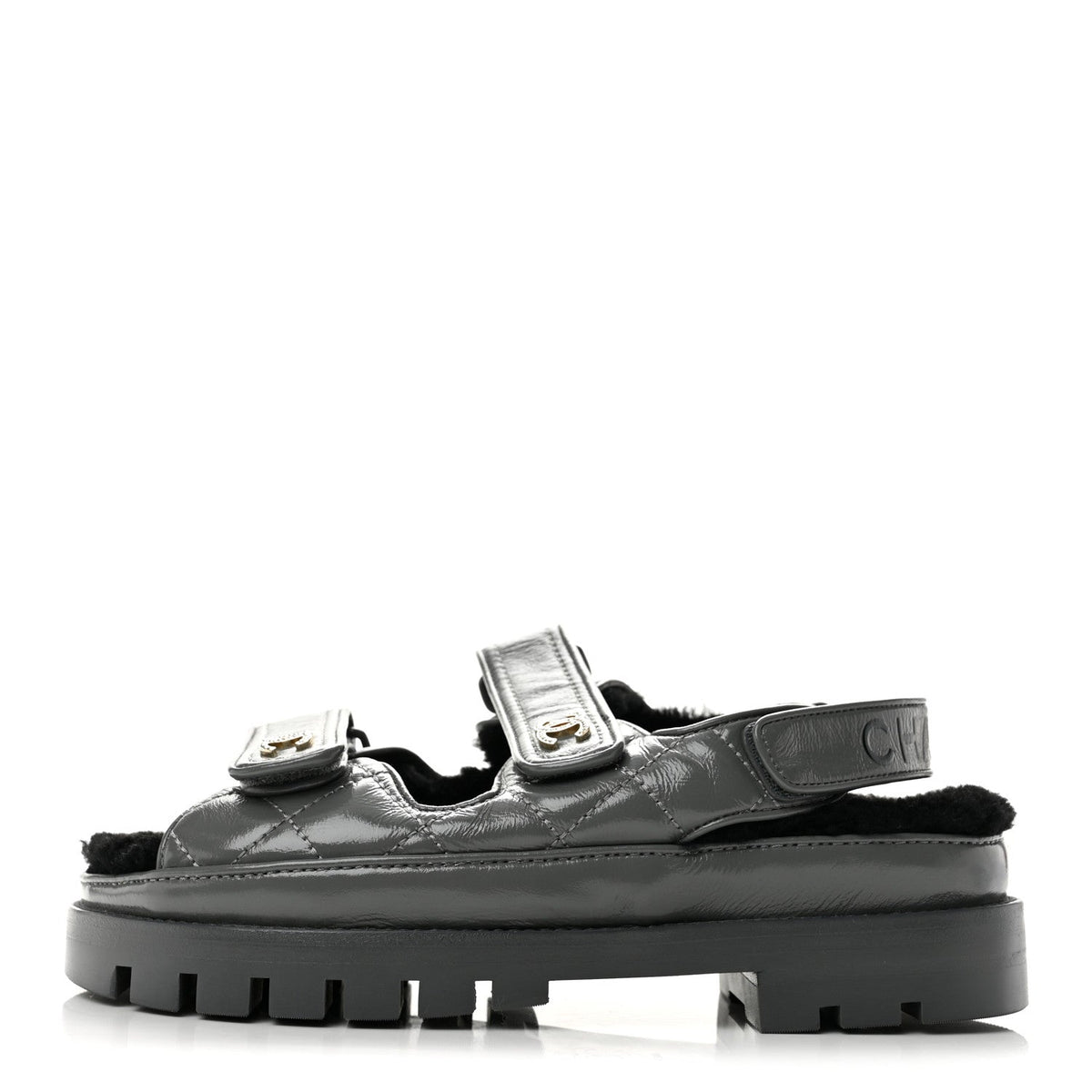 Laminated Lambskin Shearling Crystal CC Velcro Dad Platform Sandals 36 Dark Grey Black