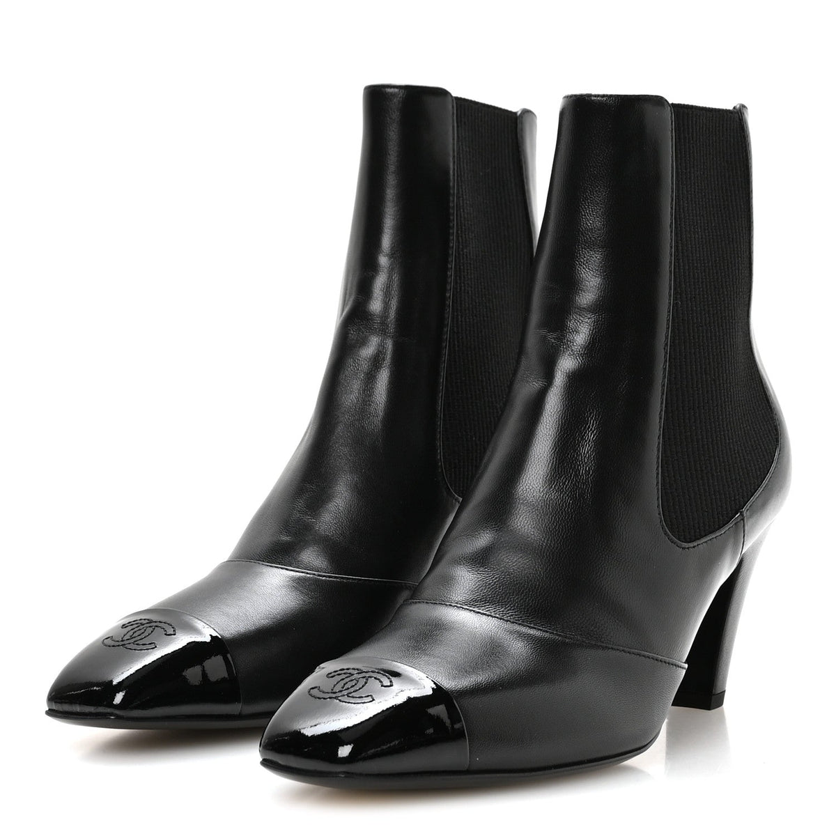 Lambskin Patent Calfskin CC Cap Toe Short Boots 39 Black