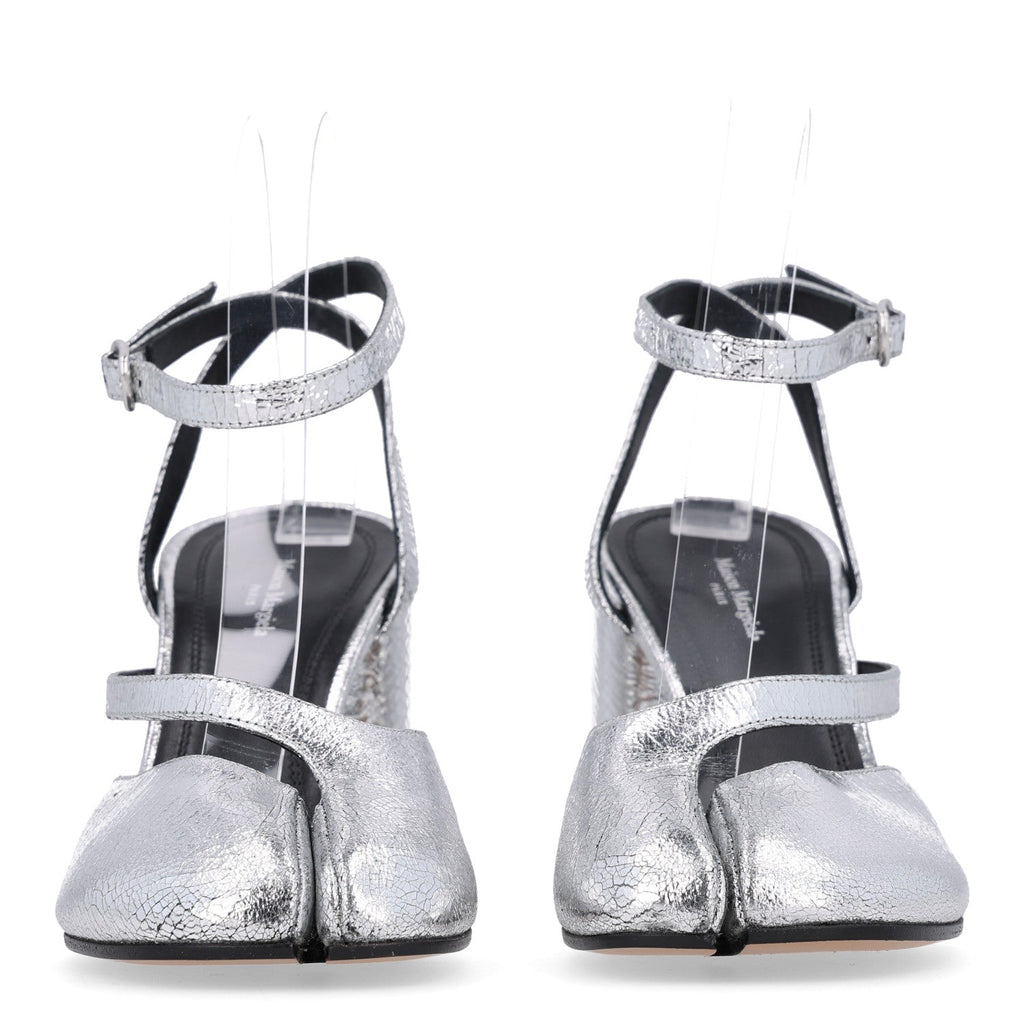 Broken Mirror Calfskin Tabi 80mm Sandal Pumps 38.5 Silver