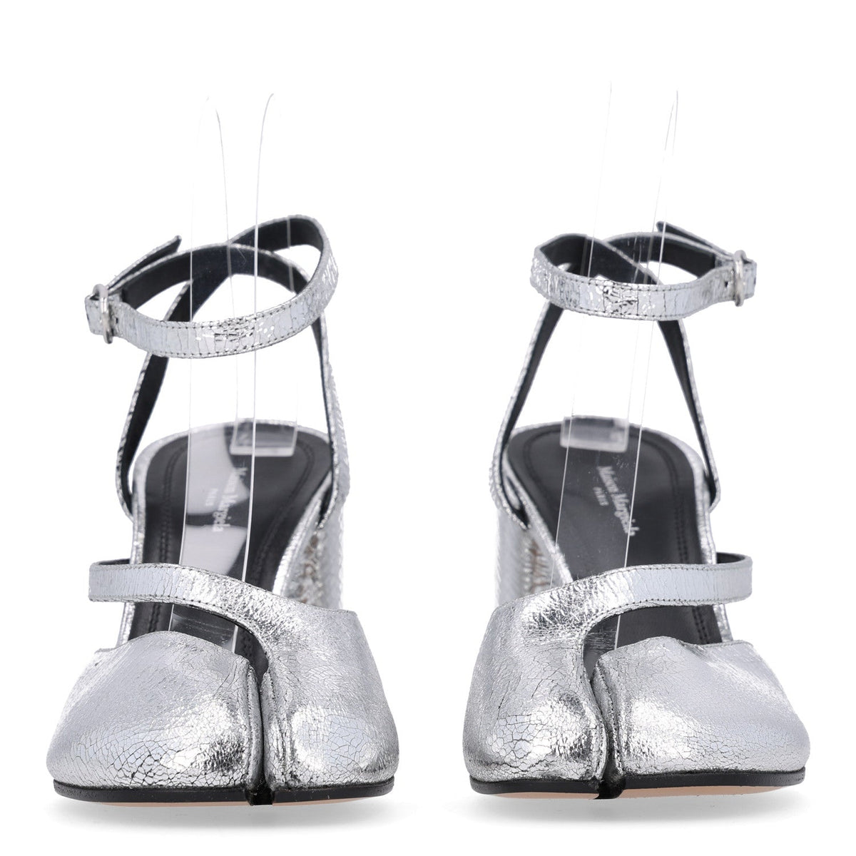Broken Mirror Calfskin Tabi 80mm Sandal Pumps 38.5 Silver