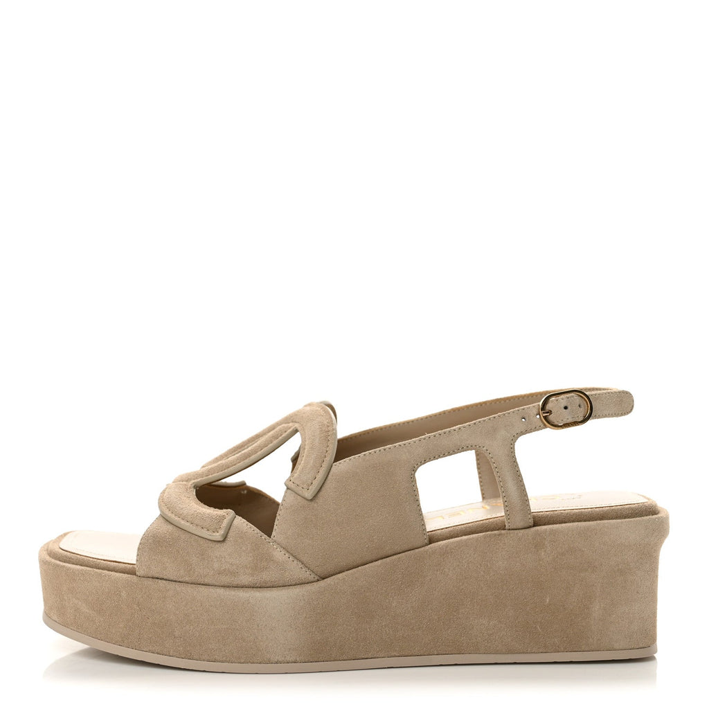 Suede Calfskin Platform CC Sandals 37.5 Dark Beige