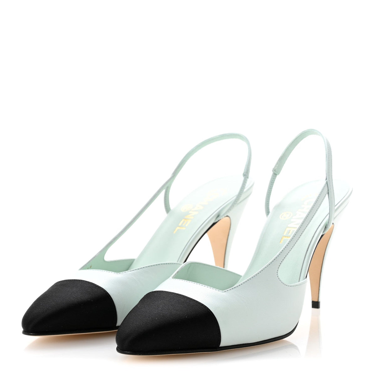 Goatskin Mixed Fibers Cap Toe Slingback Pumps 40 Light Green Black