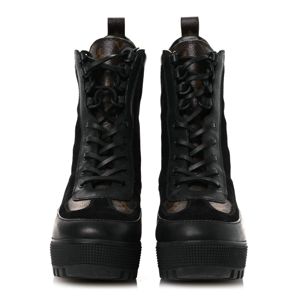 Suede Calfskin Monogram Laureate Platform Desert Boots 36 Black