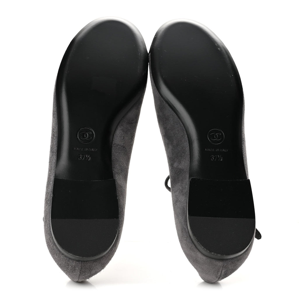 Suede Grosgrain Crystal Pearl Crystal Cap Toe T Strap CC Mary Jane Flats  37.5 Grey Black