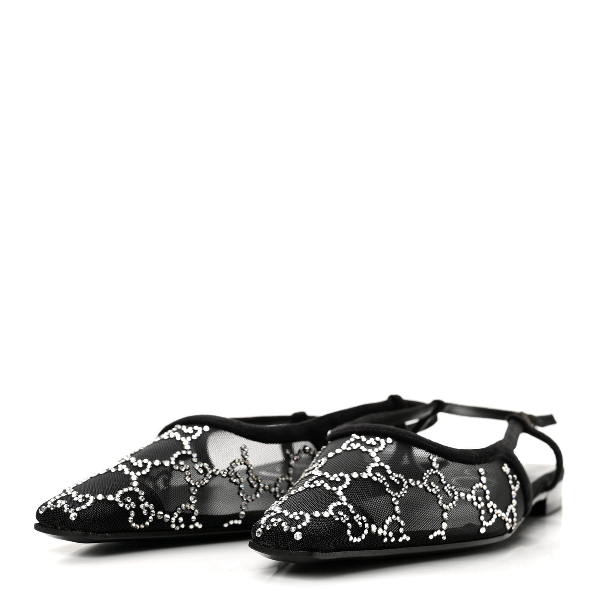 Tela Retino Kid Scamosciato Crystal GG Monogram Square Demi Ballet Flats 37.5 Black
