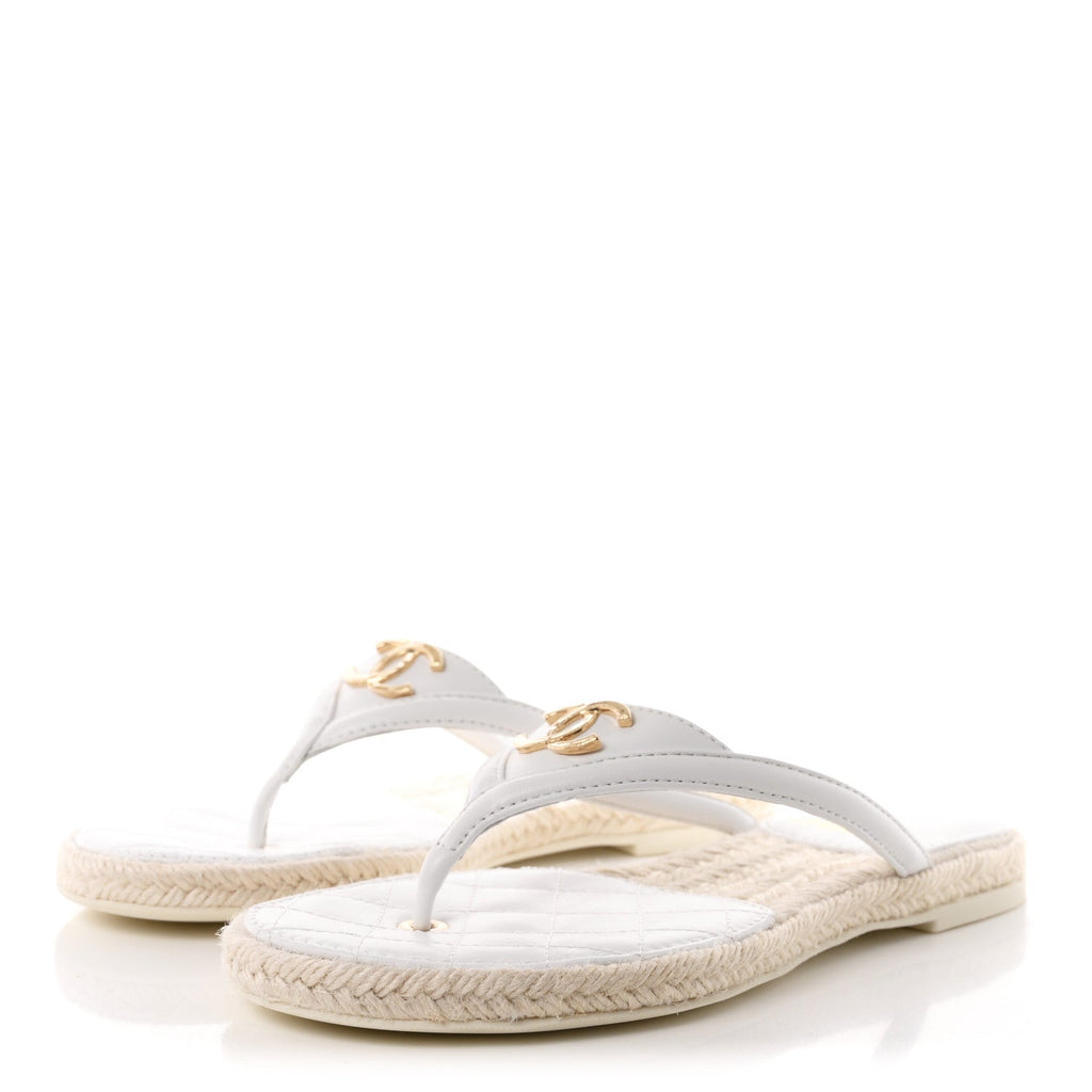 Lambskin Quilted Thong Espadrille Sandals 36 White