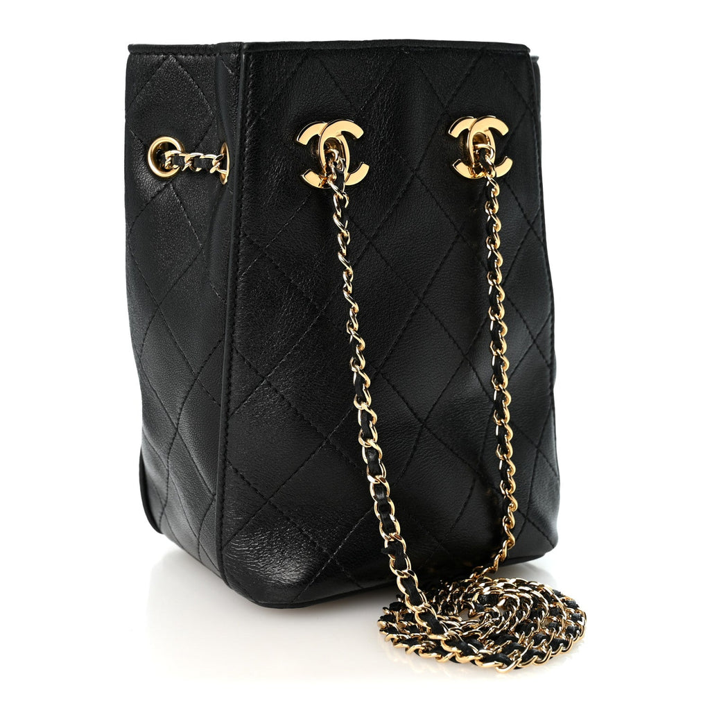 Lambskin Quilted Mini Bucket Bag With Chain  Black