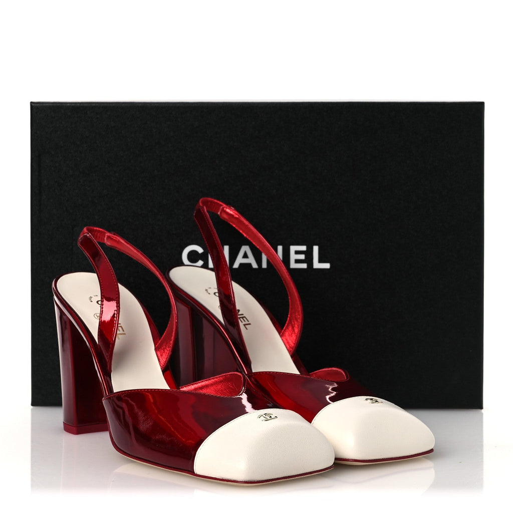 Laminated Calfskin Lambskin Cap Toe CC Slingback Pumps 38 Red Ivory