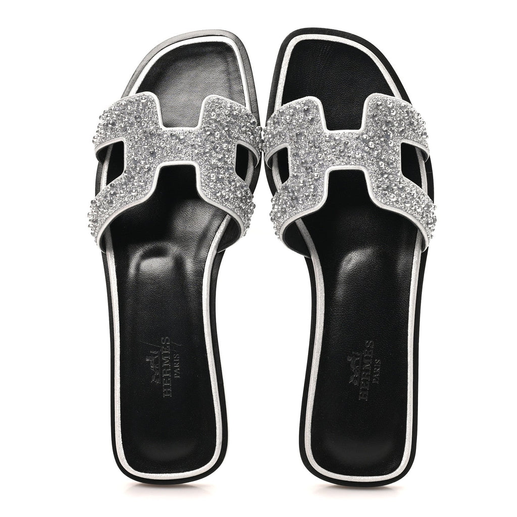 Velvet Goatskin Crystal Beads Oran Sandals 35.5 Gris Argente