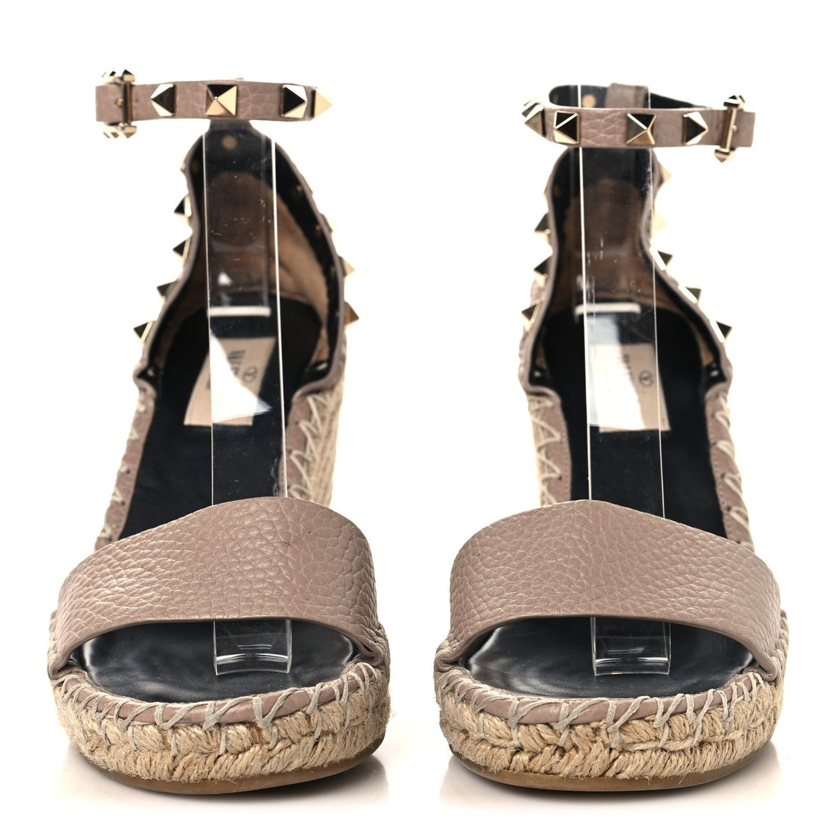 Grained Calfskin Rockstud Ankle Strap Espadrille 15/105mm Wedge Sandals 35 Poudre Natural