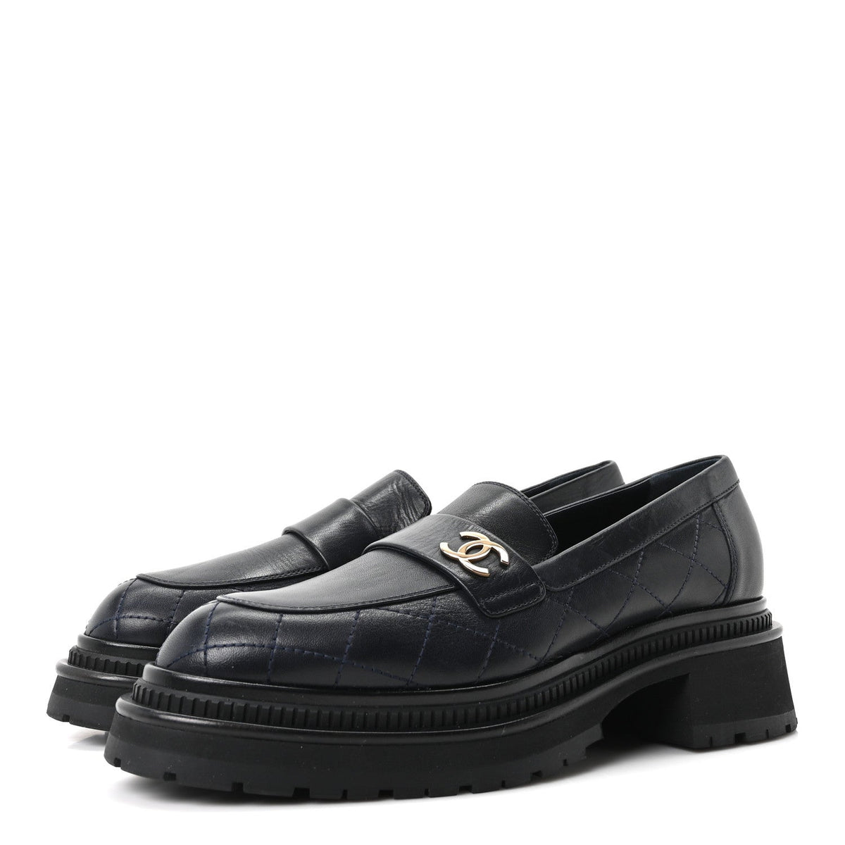 Calfskin Quilted CC Mocassin Loafers 40 Navy Blue