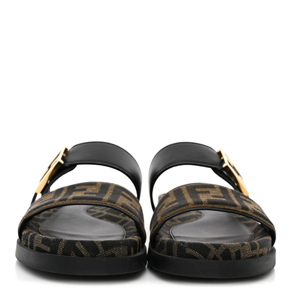 Fabric Jacquard Nappa FF Womens Fendi Feel Buckled Slide Sandals 37 Tobacco Black