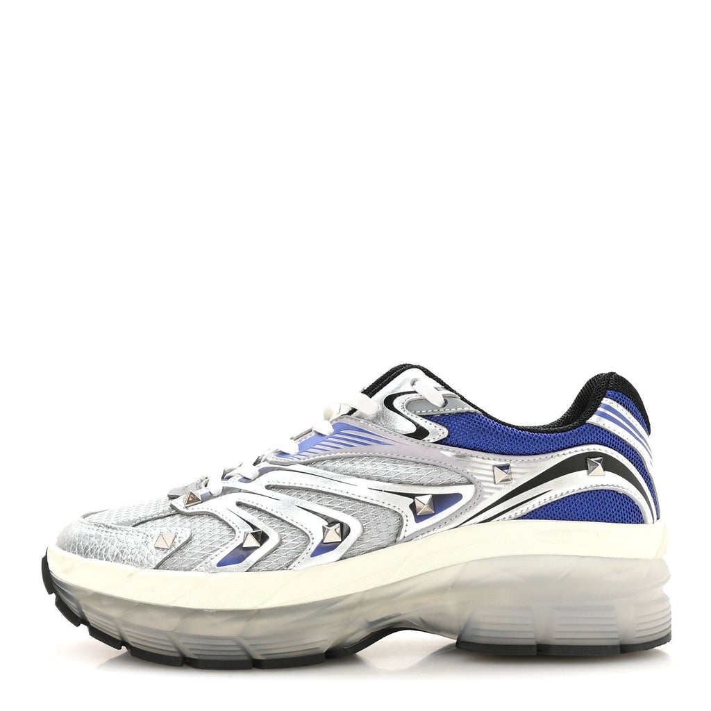 Mesh Calfskin Rockstud Womens Platform Sneakers 40 Silver Multicolor
