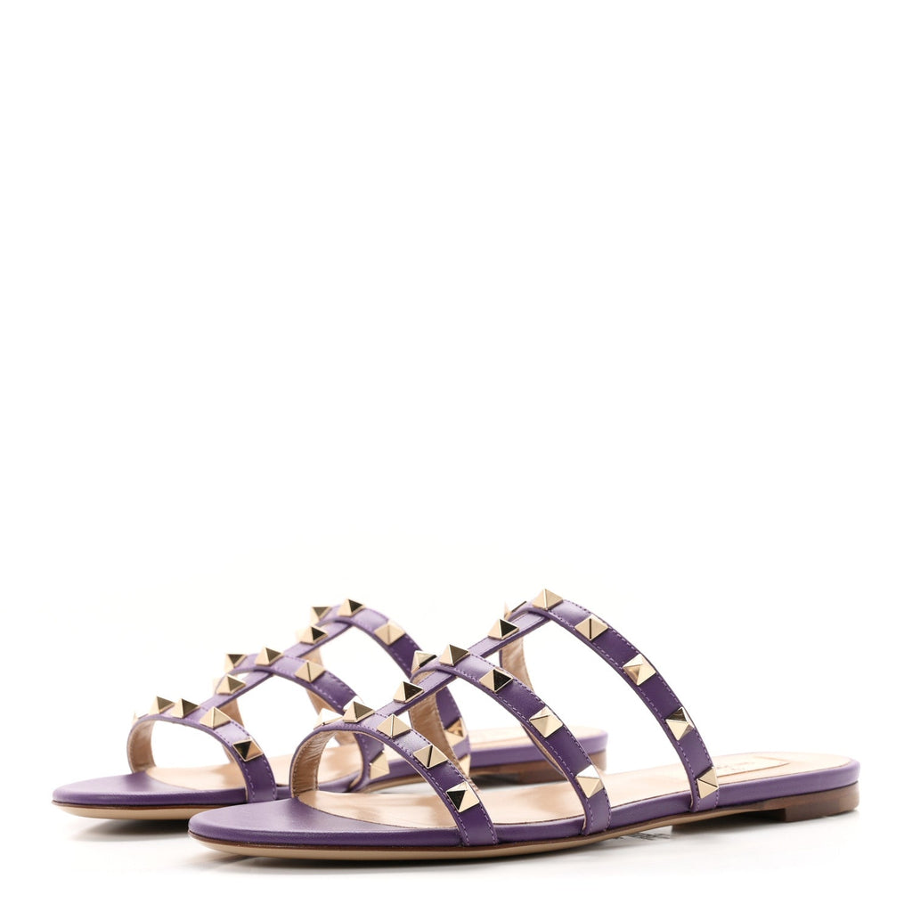 Nappa Rockstud Caged Flat Slide Sandals 36 Indian Violet
