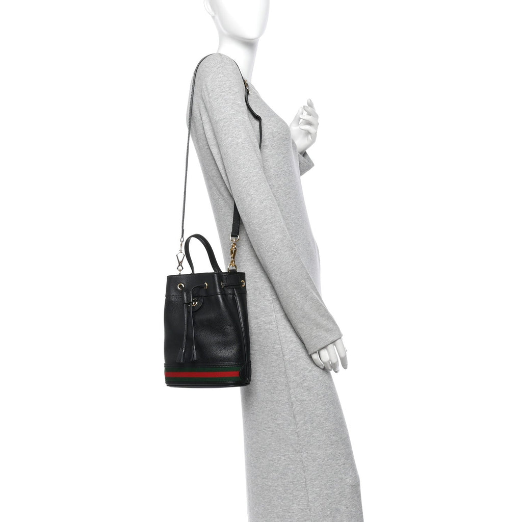 Glazed Textured Calfskin Web Small Ophidia Bucket Bag Black