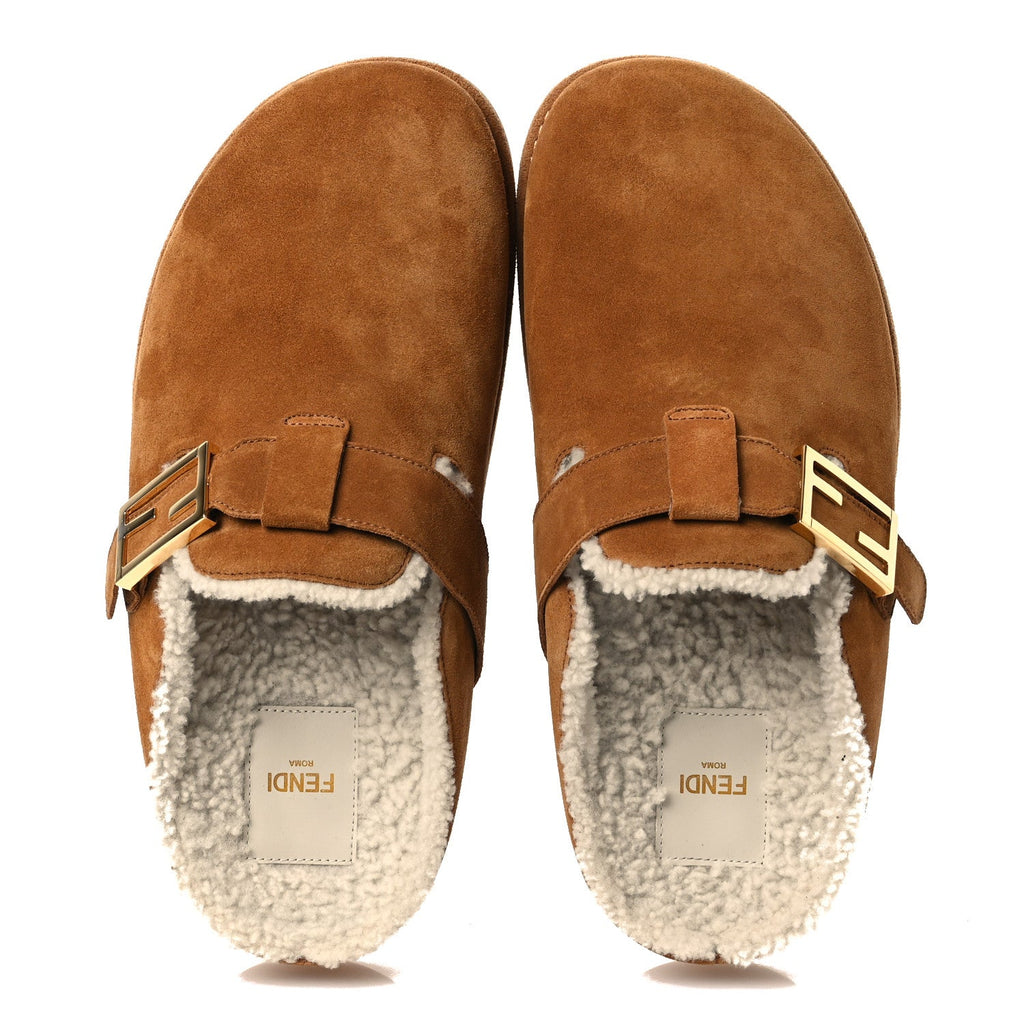 Suede Shearling Fendi Feel Buckled Clogs 41 Caramel Latte