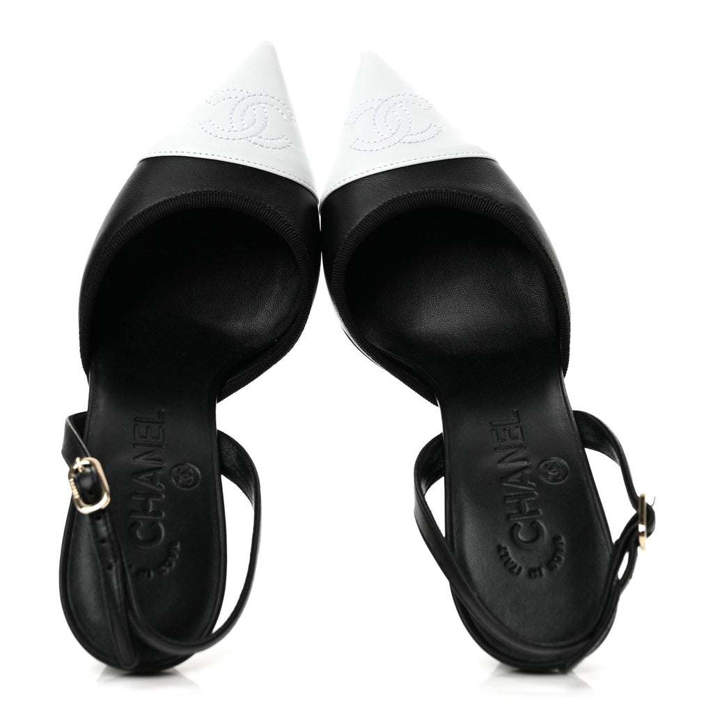 Lambskin Pointed Cap Toe CC Slingback Pumps 36 Black White