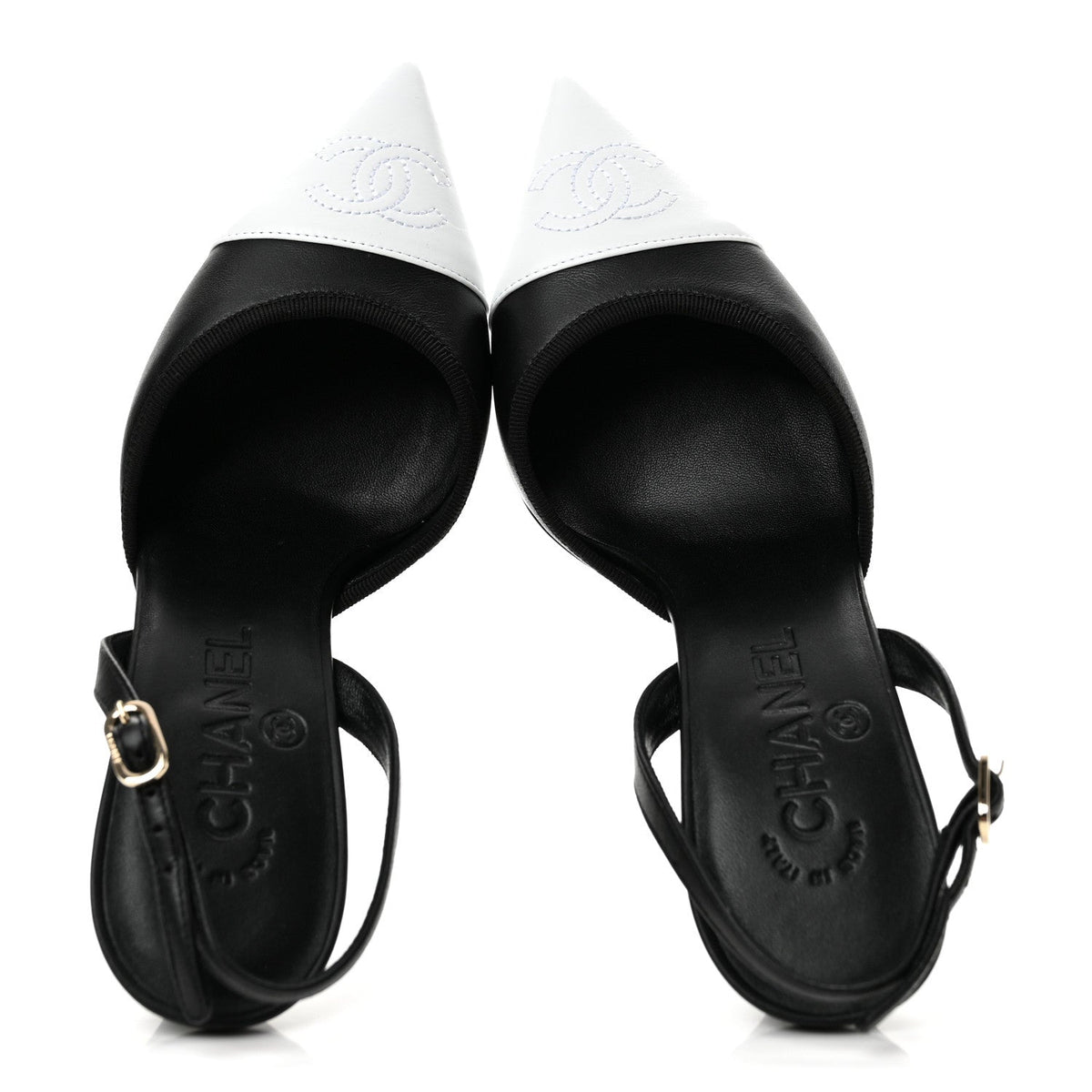 Lambskin Pointed Cap Toe CC Slingback Pumps 36 Black White