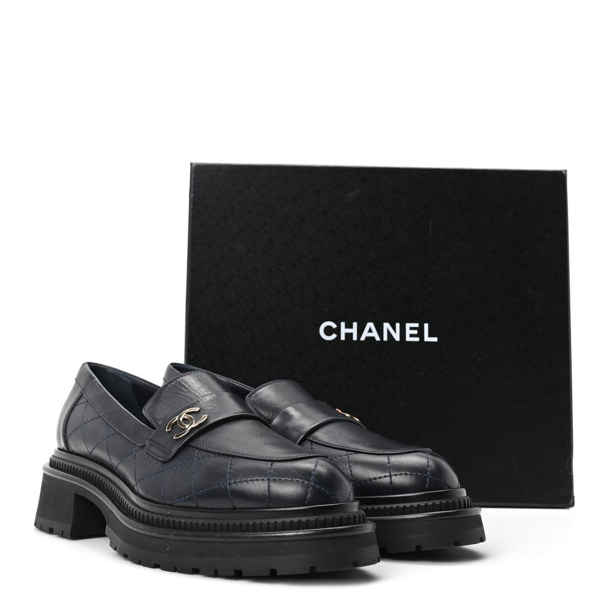 Calfskin Quilted CC Mocassin Loafers 40 Navy Blue