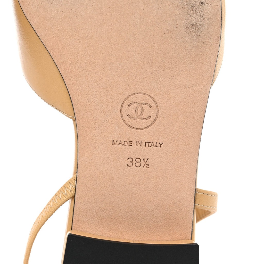 Goatskin Grosgrain Cap Toe CC Slingback Sandals 38.5 Beige Black