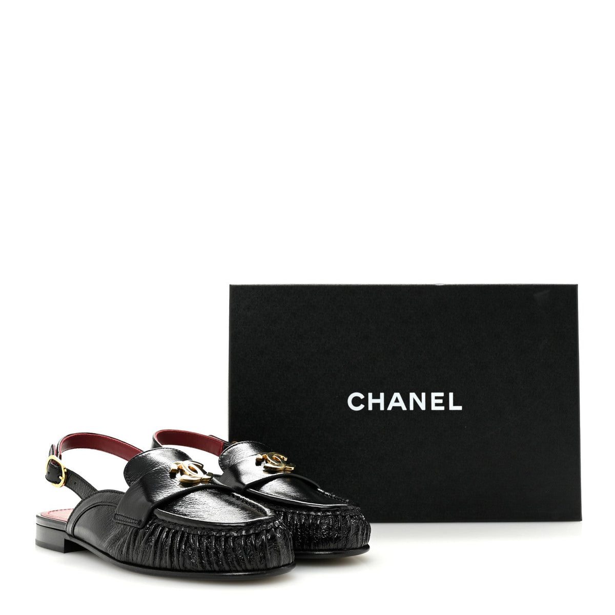 Crumpled Shiny Lambskin CC Slingback Mocassins 38 Black