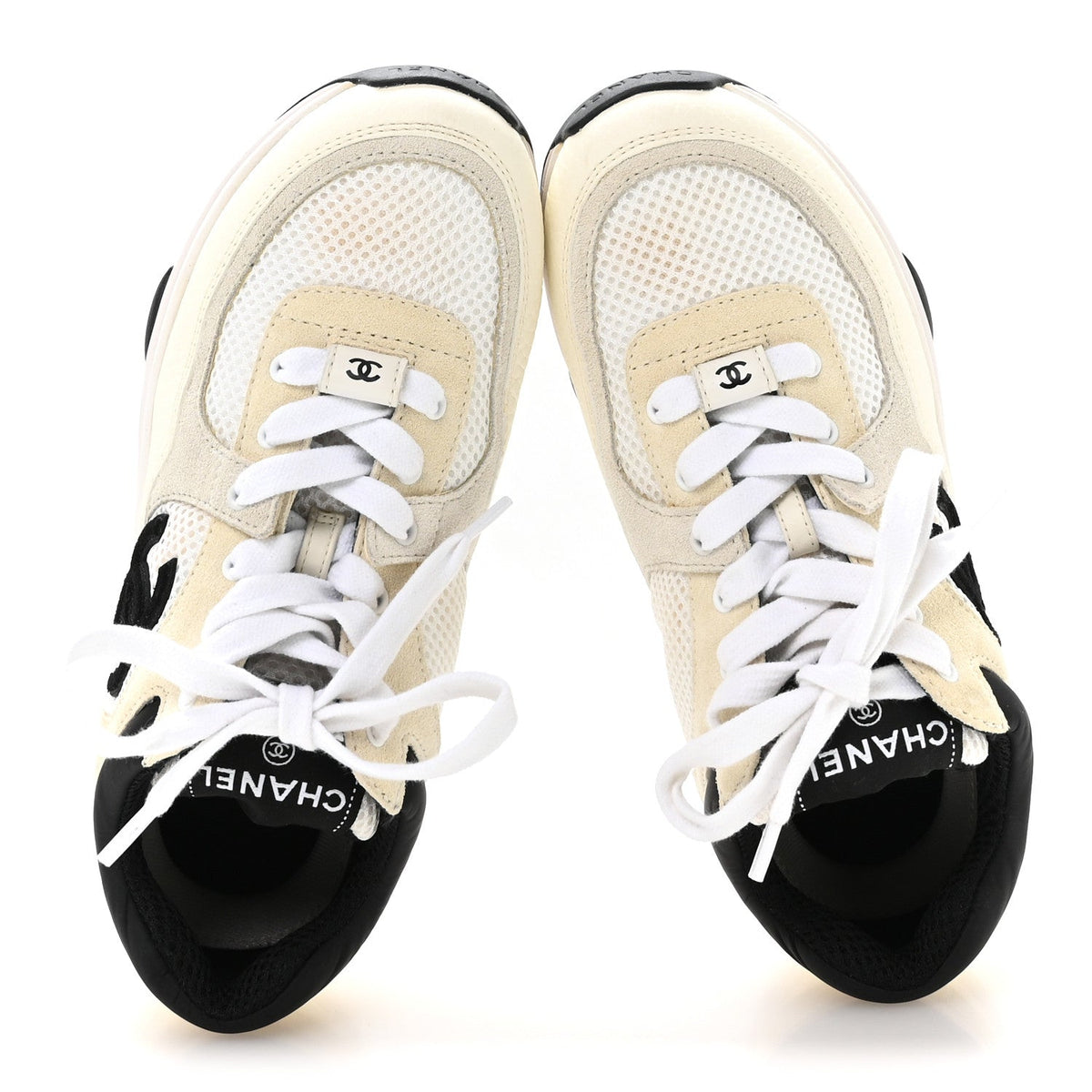 Mesh Suede Calfskin Grained Calfskin Womens CC Sneakers 36 White Black