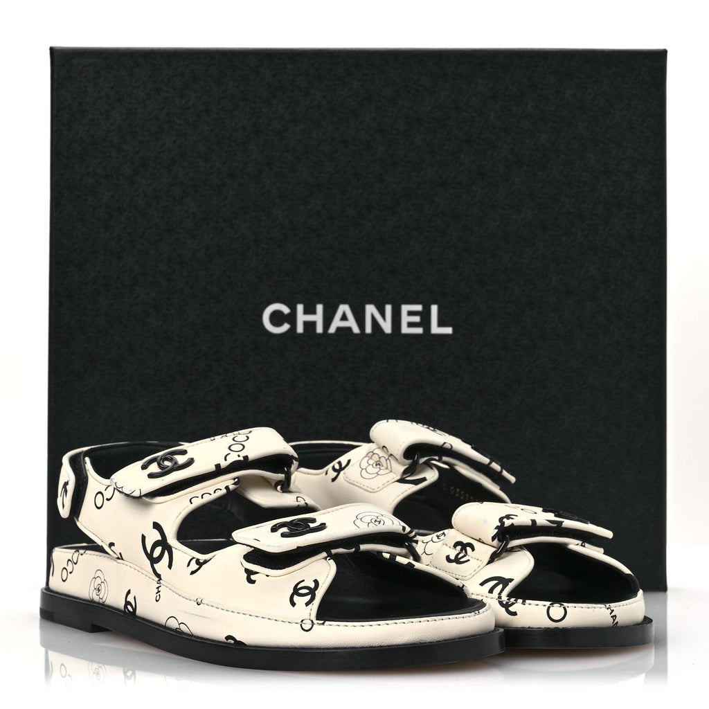Lambskin Printed CC Velcro Dad Sandals 37.5 White Black