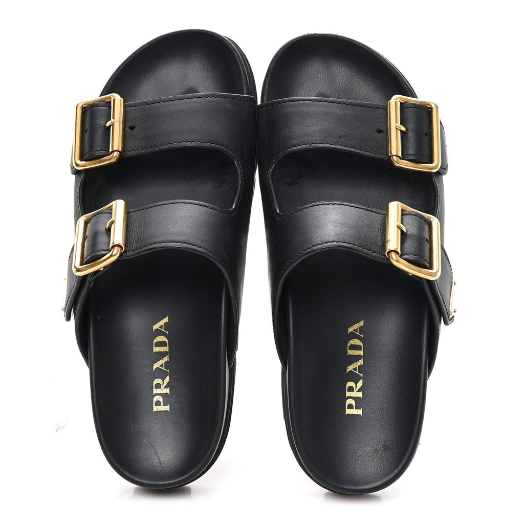 Vitello Sport Metal Triangle Logo Womens Double Buckle 20mm Slide Sandals 38.5 Black