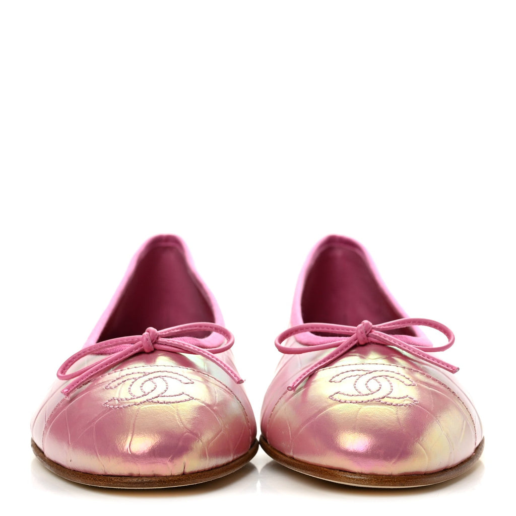 Iridescent Crocodile Embossed Calfskin Ballet Flats 38.5 Pink
