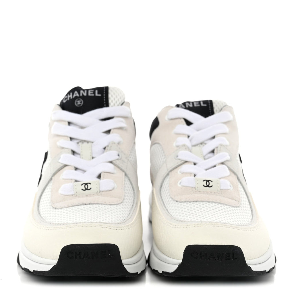Mesh Suede Grained Calfskin Womens CC Sneakers 39.5 White Black