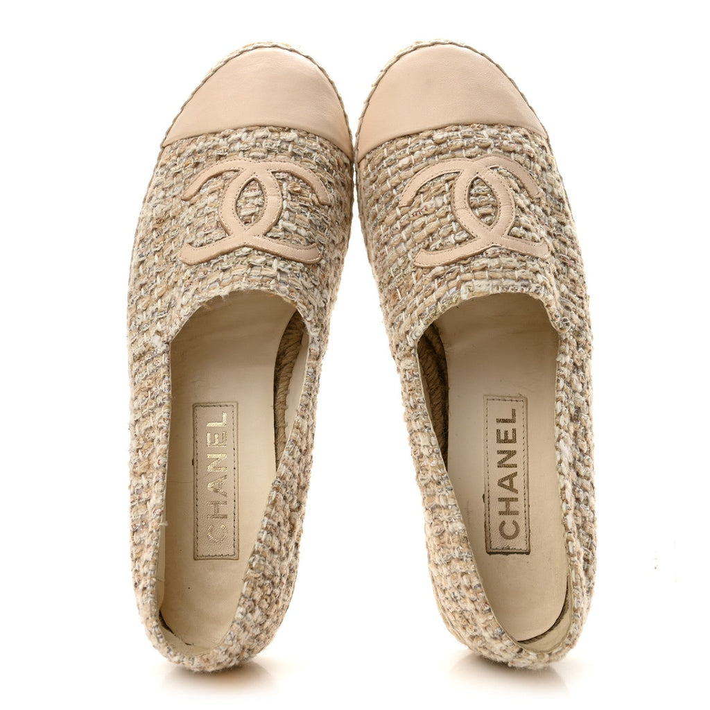 Tweed Lambskin CC Espadrilles 40 Beige Ivory