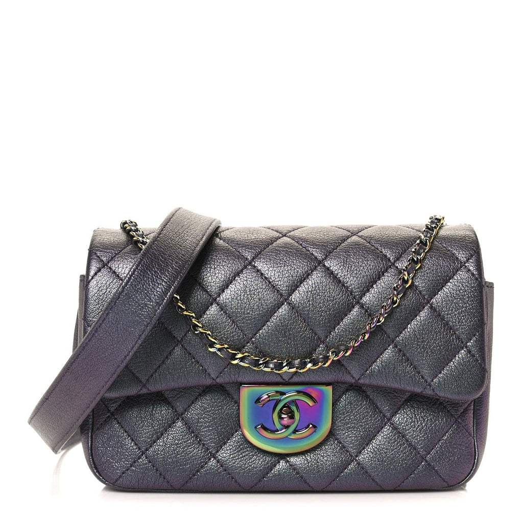 Iridescent Goatskin Quilted Small Double Carry Waist Chain Flap Purple