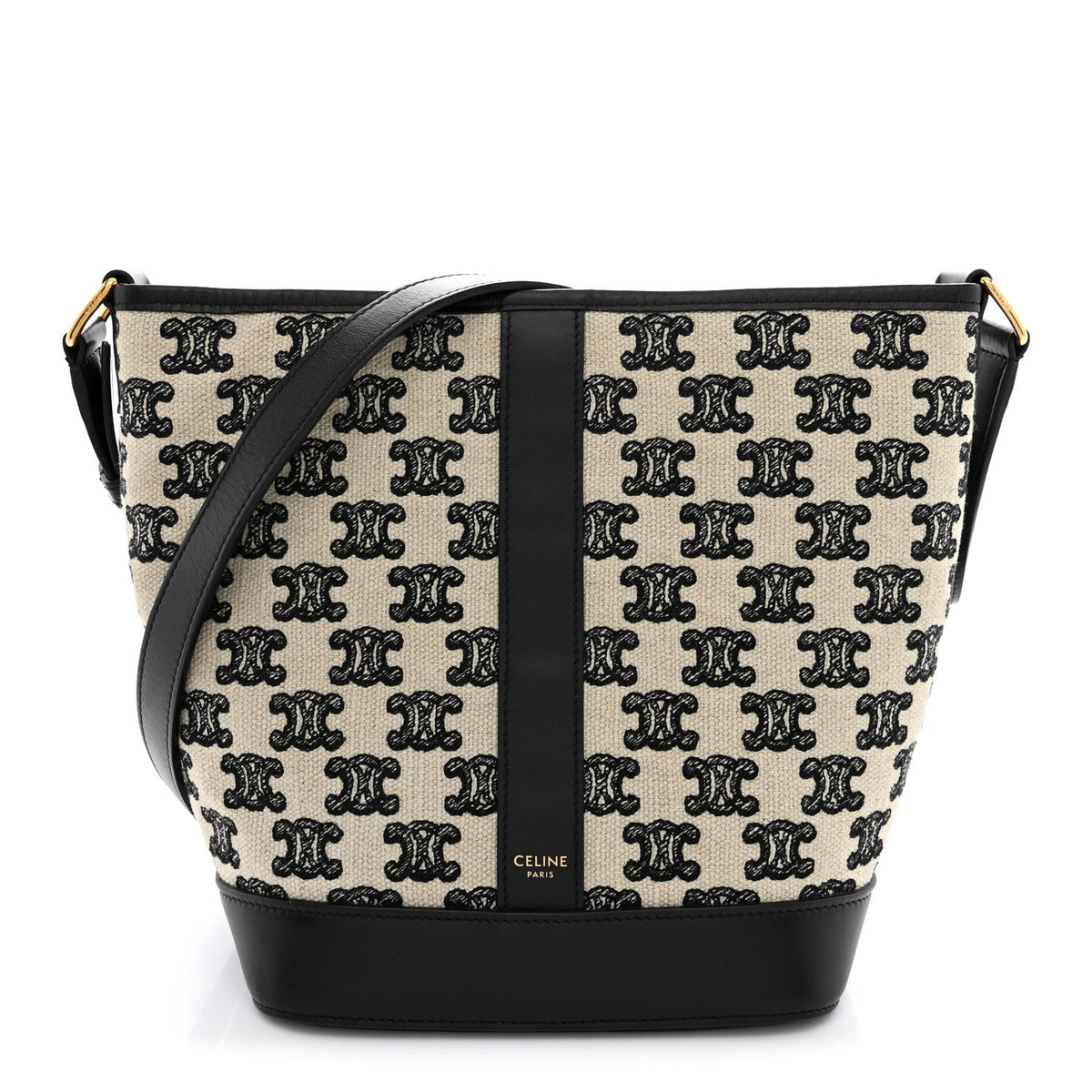 Canvas Calfskin Triomphe Embroidered Small Bucket Bag Black